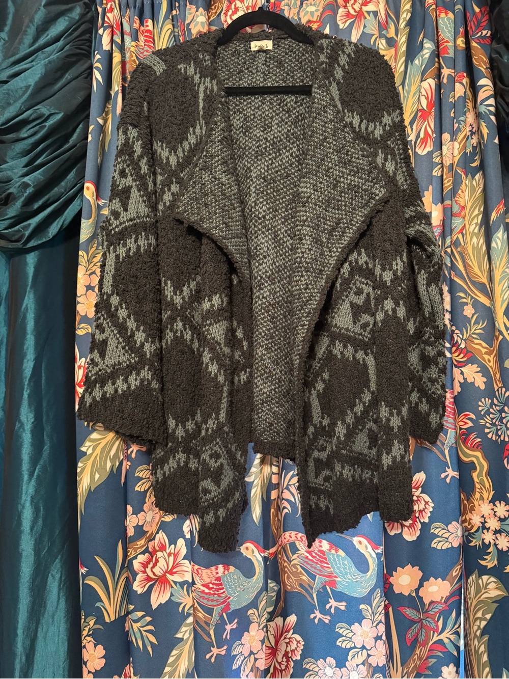 POL Drape Front Aztec Cardigan Sweater - Blue & Gray